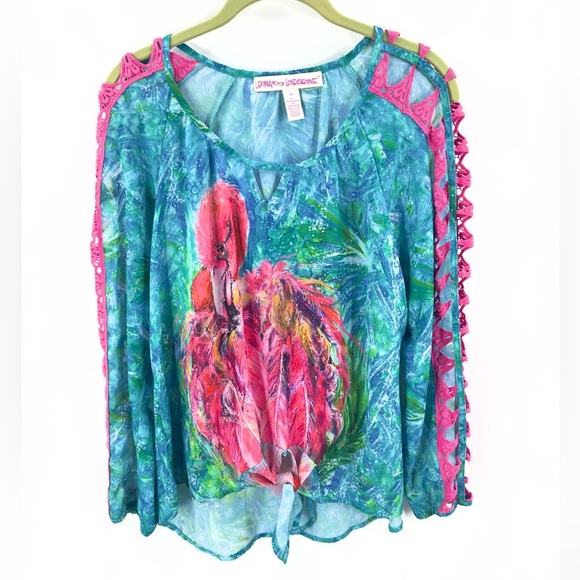 Leoma Lovegrove Women Top Size M Petite Flamingo Tropical Colorful Cutout Sleeve - Picture 1 of 10